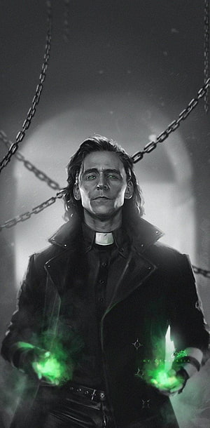 Loki as a priest casting green magic with chains in the background HD phone wallpaper