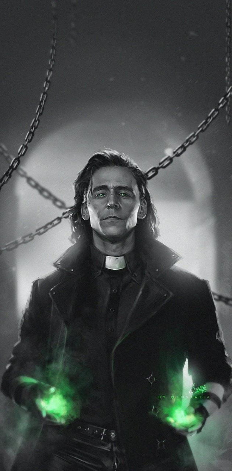 Loki as a priest casting green magic with chains in the background HD phone wallpaper