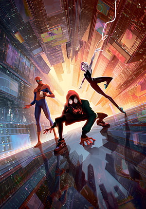 Spider-Man Across the Spider-Verse Miles Morales and Gwen Stacy Cityscape Artwork, Artwork, Spider, miles morales and gwen HD phone wallpaper