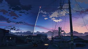 Anime style sunset street scene with a glowing meteor streaking across the purple and blue sky above a quiet town HD wallpaper