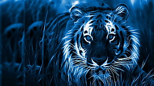 Glowing Blue Tiger Portrait in Digital Art Style HD wallpaper