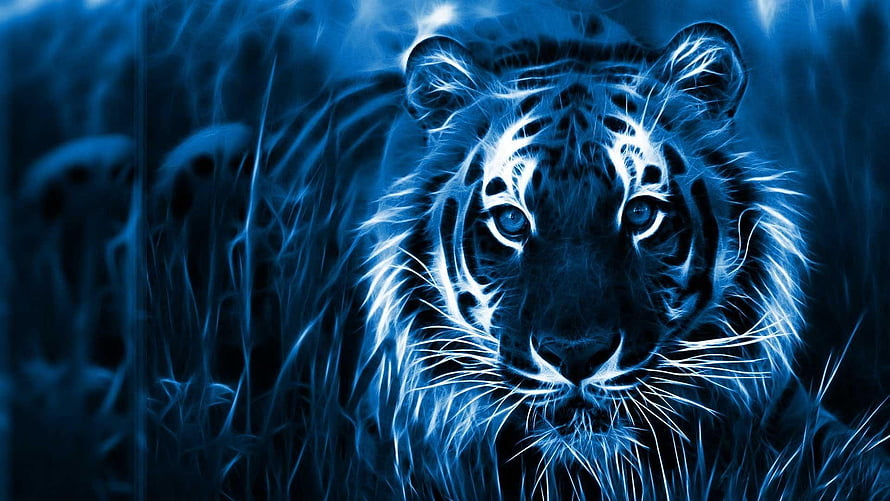 Glowing Blue Tiger Portrait in Digital Art Style HD wallpaper