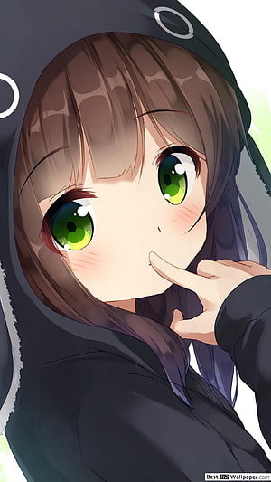 Cute Anime Girl With Green Eyes And Brown Hair Wearing A Dark Hoodie HD phone wallpaper