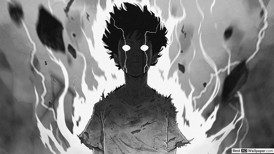 anime boy with glowing white eyes and dark aura in black and white manga style, Mob Psycho 100, rage anime HD wallpaper