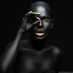 High Fashion Portrait of a Woman with Black Body Paint and Gold Lip Makeup, Model, Makeup, Black, Gold ...backgrounds, black and gold women HD phone wallpaper