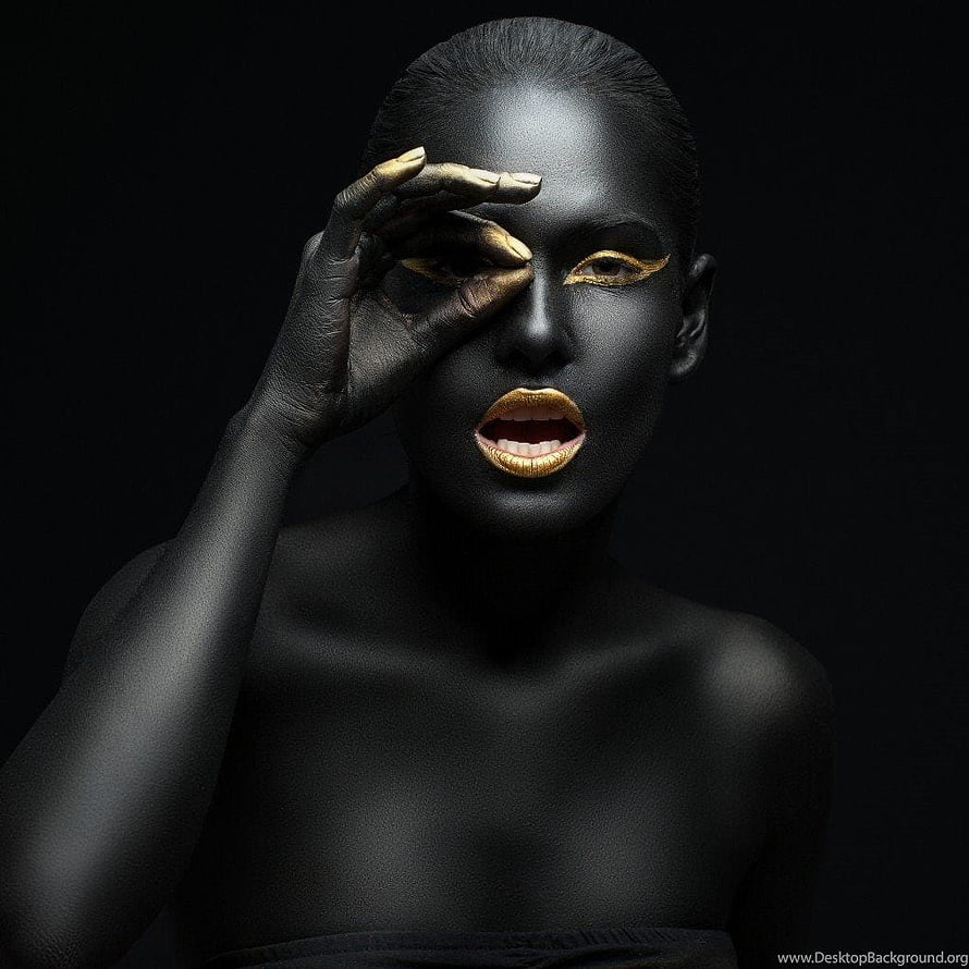 High Fashion Portrait of a Woman with Black Body Paint and Gold Lip Makeup, Model, Makeup, Black, Gold ...backgrounds, black and gold women HD phone wallpaper