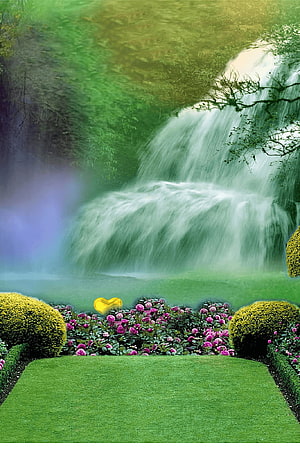 Serene Garden Waterfall With Pink Roses And Golden Heart HD phone wallpaper