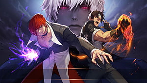 The King of Fighters Destiny anime artwork featuring Kyo, Iori, and Orochi in dynamic combat HD wallpaper