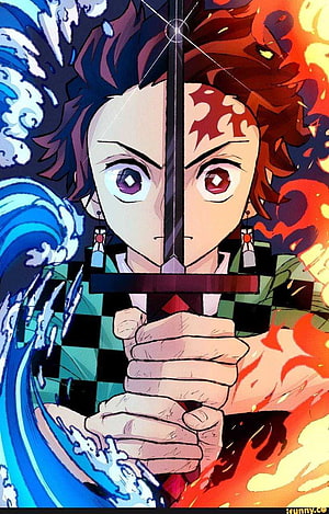 Tanjiro Kamado from Demon Slayer wielding a sword with water and fire elements HD phone wallpaper