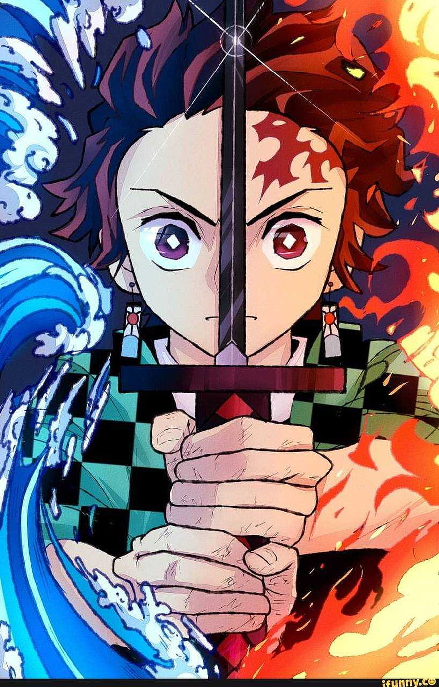 Tanjiro Kamado from Demon Slayer wielding a sword with water and fire elements HD phone wallpaper