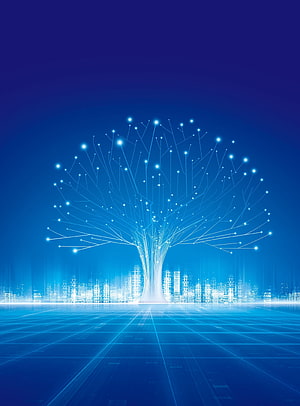Glowing Digital Tree of Life Rising from Futuristic City Grid in Blue Holographic Style HD phone wallpaper