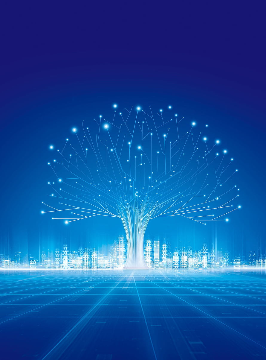 Glowing Digital Tree of Life Rising from Futuristic City Grid in Blue Holographic Style HD phone wallpaper