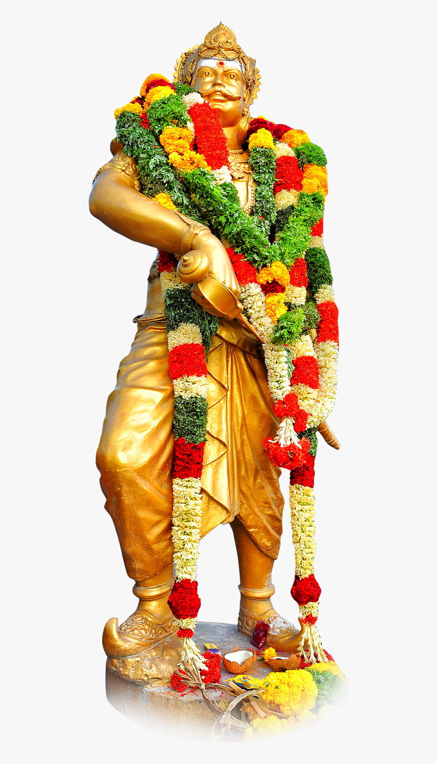 Golden Mutharaiyar Statue Adorned With Vibrant Marigold and Jasmine Flower Garlands HD phone wallpaper