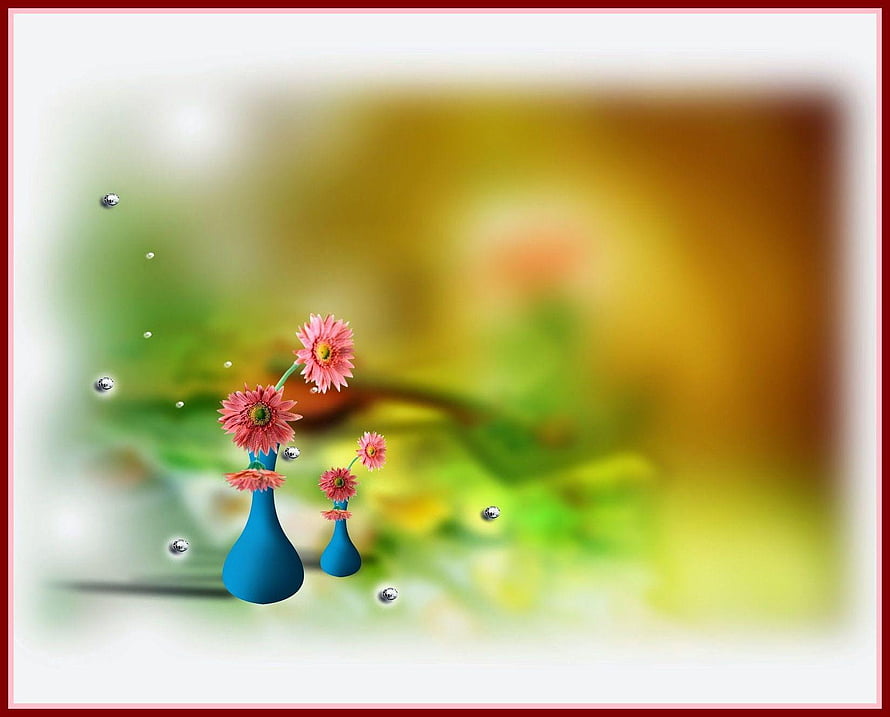 Pink Gerbera Daisies in Blue Vases with Water Droplets on a Soft Blurred Garden Background HD wallpaper