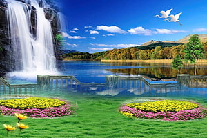Serene Waterfall Landscape With Flower Beds And Flying Birds HD wallpaper