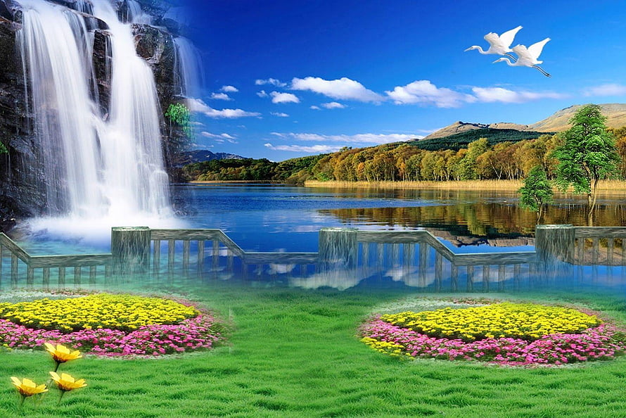 Serene Waterfall Landscape With Flower Beds And Flying Birds HD wallpaper