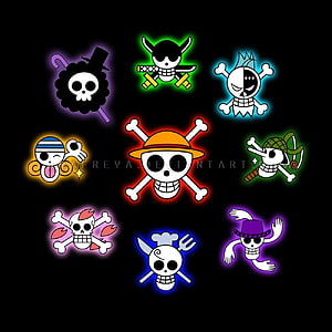 One Piece Jolly Roger Collection with Neon Glow Effects on Black Background HD phone wallpaper