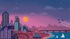 San Diego Skyline Illustration at Sunset with Qualcomm Stadium and Navy Jets HD wallpaper