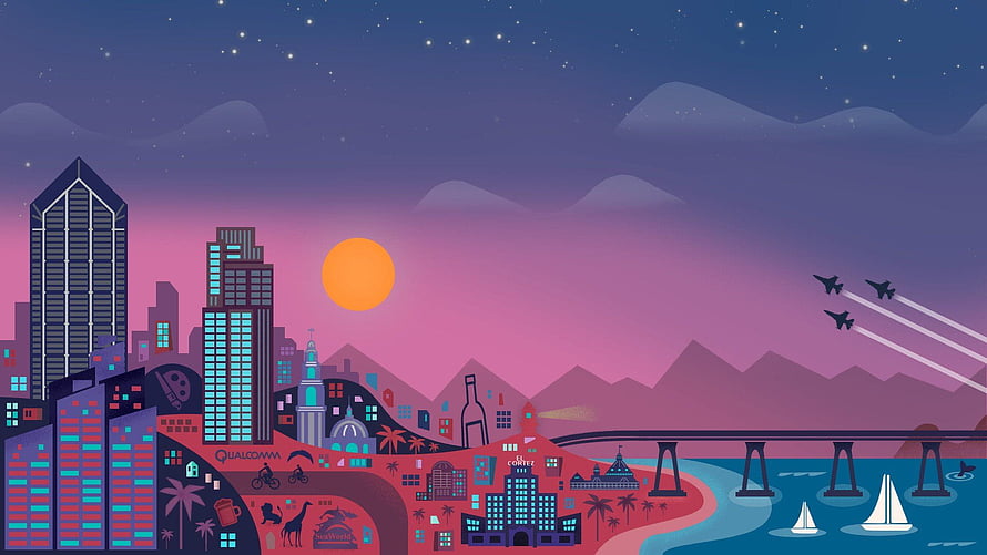 San Diego Skyline Illustration at Sunset with Qualcomm Stadium and Navy Jets HD wallpaper