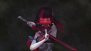Anime girl with red eyes and oni mask holding a katana in a dark fantasy style HD wallpaper