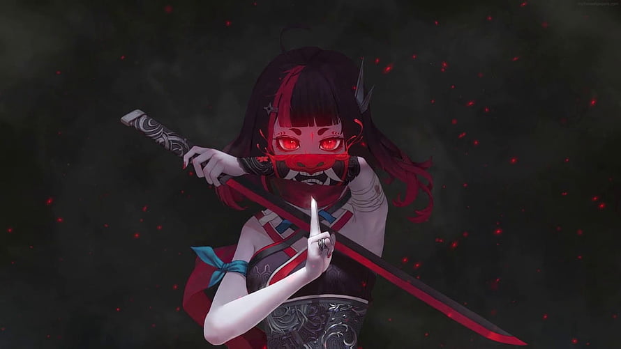 Anime girl with red eyes and oni mask holding a katana in a dark fantasy style HD wallpaper