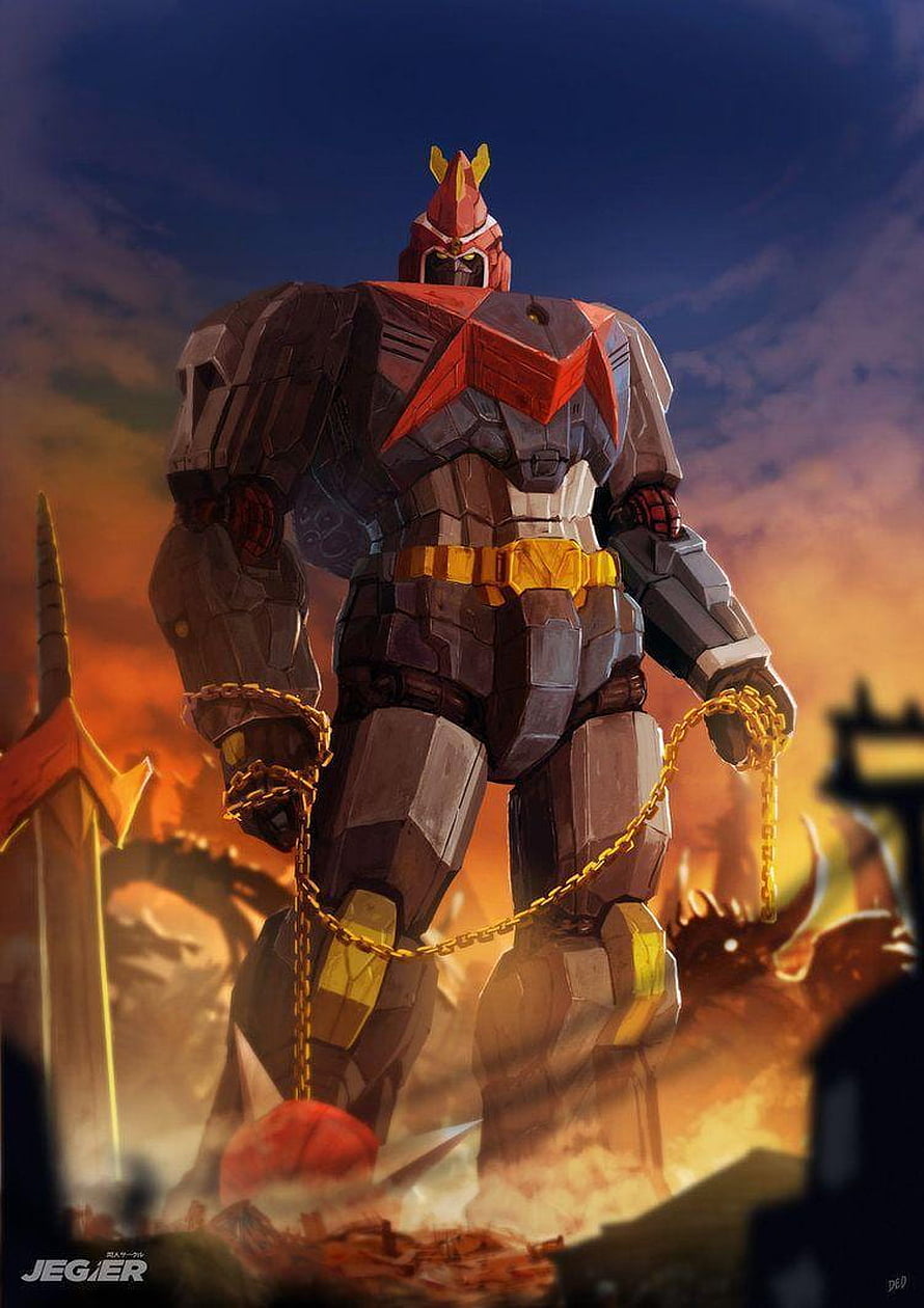 Voltes V Super Robot Standing in a Fiery Battlefield with Chains and a Sword HD phone wallpaper