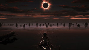 Berserk Eclipse Scene with Silhouetted Figures and Dark Fantasy Atmosphere HD wallpaper