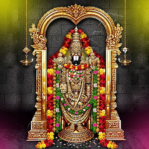 Golden Lord Ayyappa Statue with Flower Garlands and Oil Lamps HD phone wallpaper