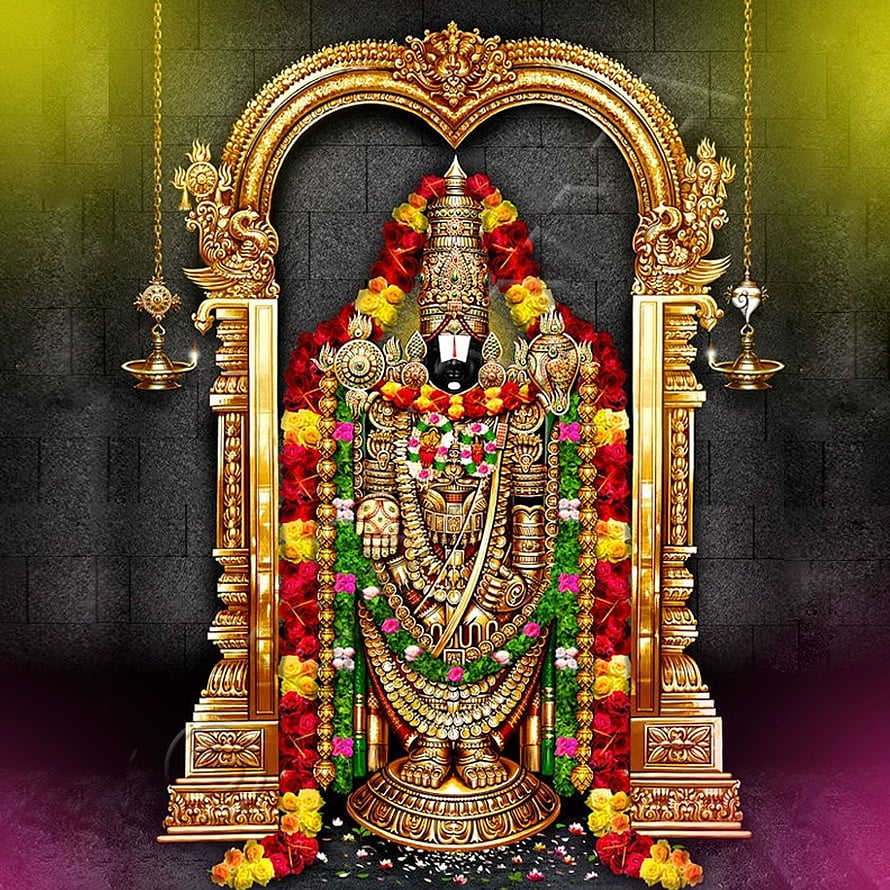Golden Lord Ayyappa Statue with Flower Garlands and Oil Lamps HD phone wallpaper