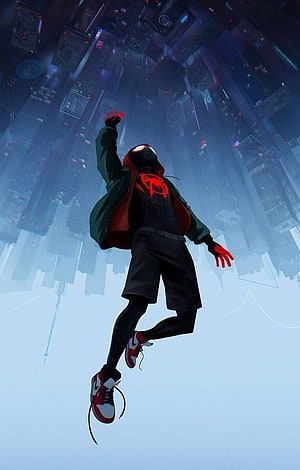Miles Morales in Nike sneakers leaping through a futuristic cityscape HD phone wallpaper