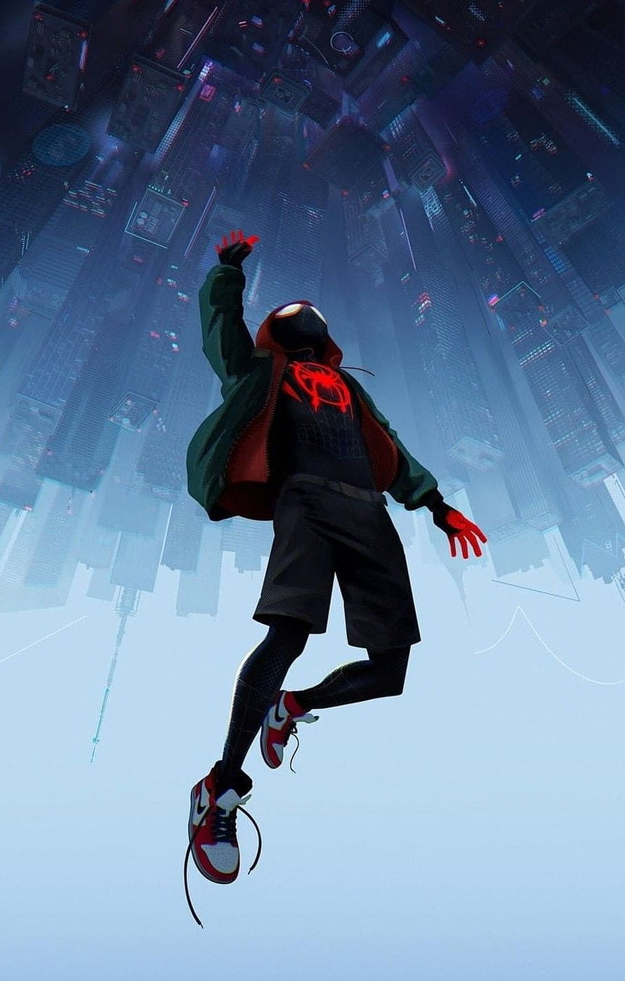 Miles Morales in Nike sneakers leaping through a futuristic cityscape HD phone wallpaper