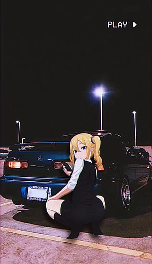 Anime Girl Crouching Beside JDM Car in Nighttime Parking Lot HD phone wallpaper