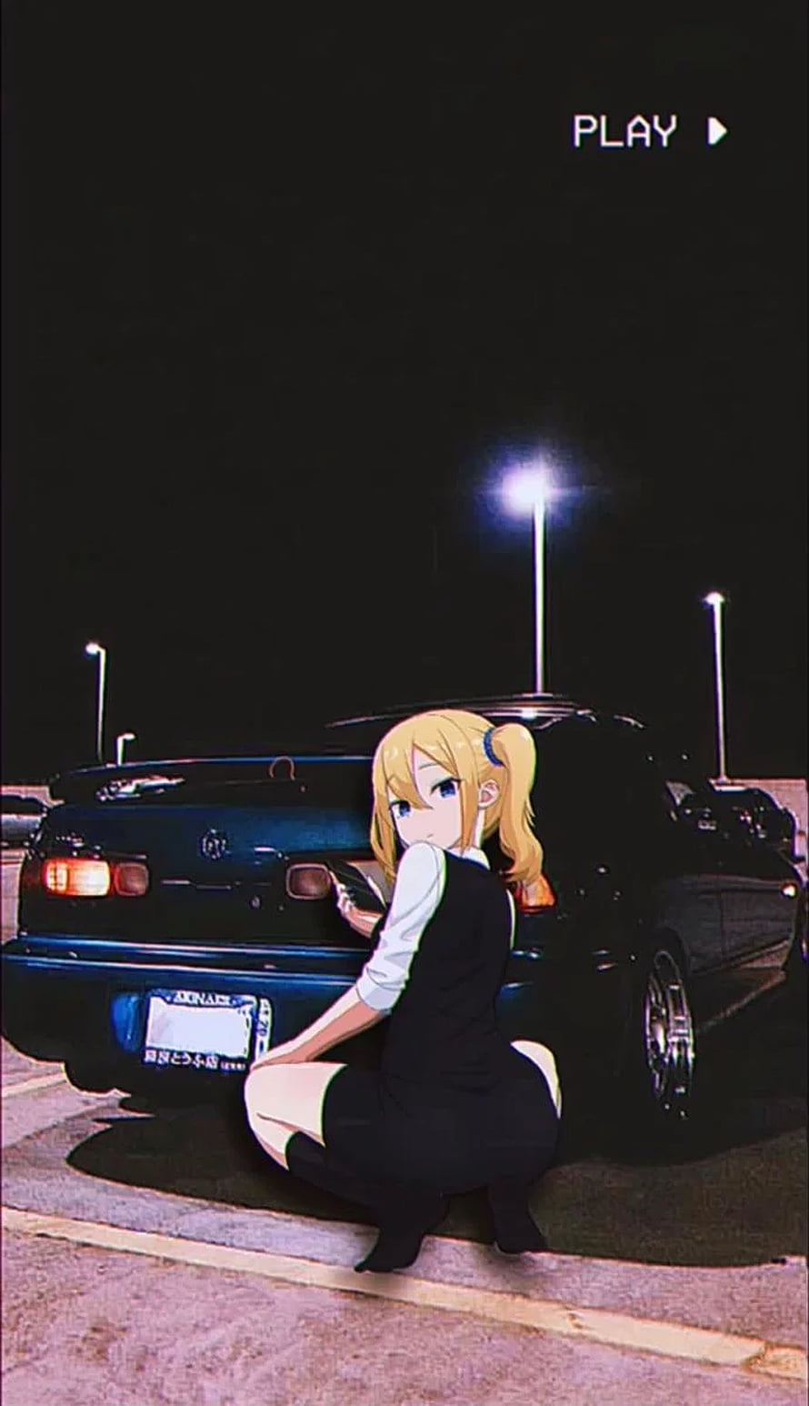 Anime Girl Crouching Beside JDM Car in Nighttime Parking Lot HD phone wallpaper