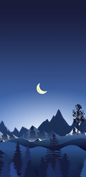 Crescent Moon Over Snowy Mountain Peaks and Pine Forest at Night HD phone wallpaper