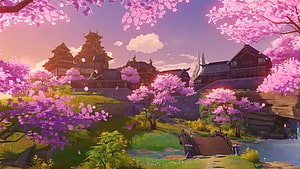 Genshin Impact Inazuma City Landscape with Cherry Blossoms and Traditional Japanese Castle HD wallpaper