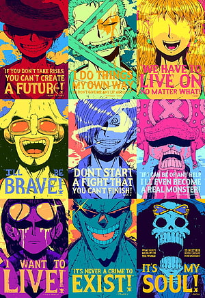 One Piece Straw Hat Crew Pop Art Quote Collage Wallpaper HD phone wallpaper