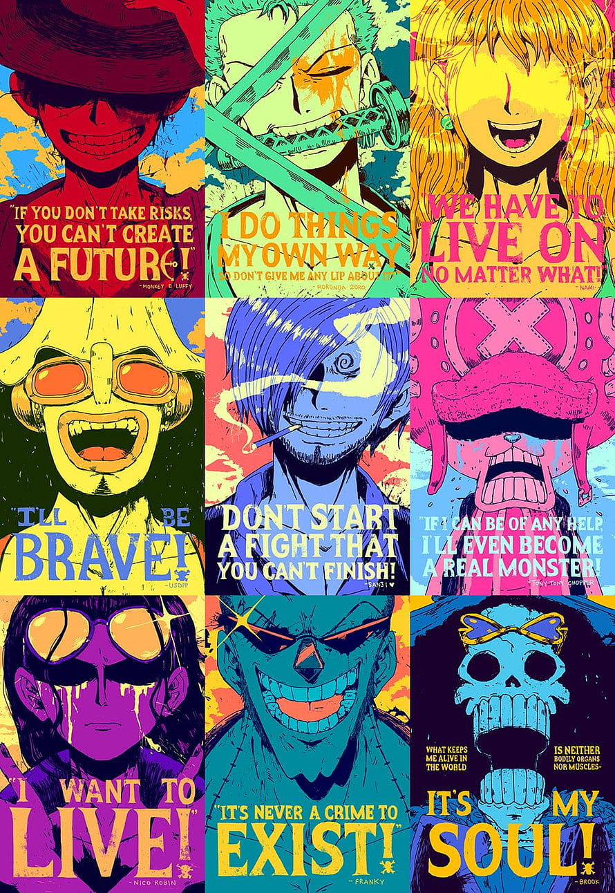 One Piece Straw Hat Crew Pop Art Quote Collage Wallpaper HD phone wallpaper