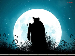 Silhouette of a cloaked figure holding a flute against a giant full moon in a starry night sky HD wallpaper