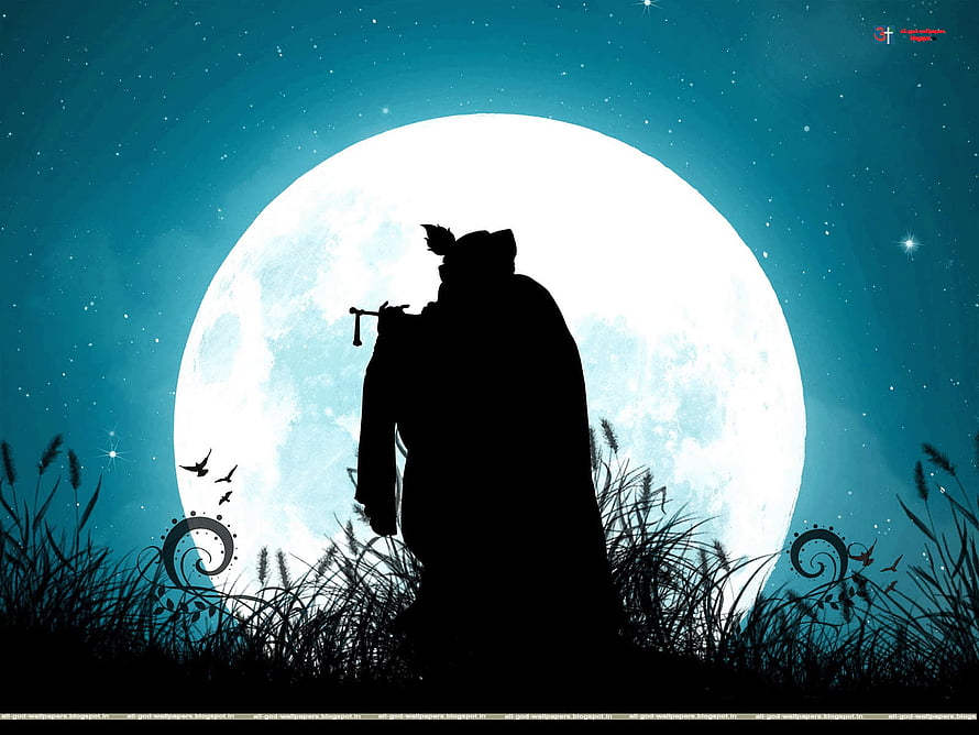 Silhouette of a cloaked figure holding a flute against a giant full moon in a starry night sky HD wallpaper