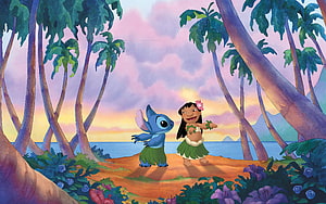 Lilo and Stitch Dancing on a Tropical Beach at Sunset HD wallpaper