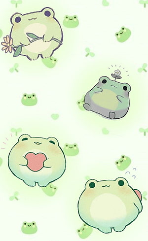 Cute Kawaii Frog Illustration Pattern with Flowers and Hearts on Pastel Background HD phone wallpaper