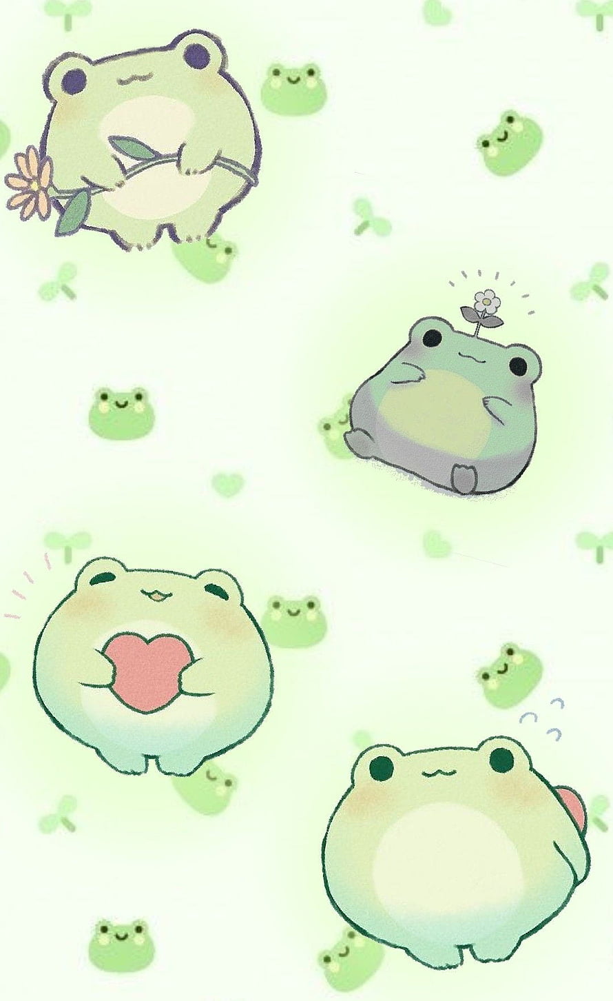 Cute Kawaii Frog Illustration Pattern with Flowers and Hearts on Pastel Background HD phone wallpaper