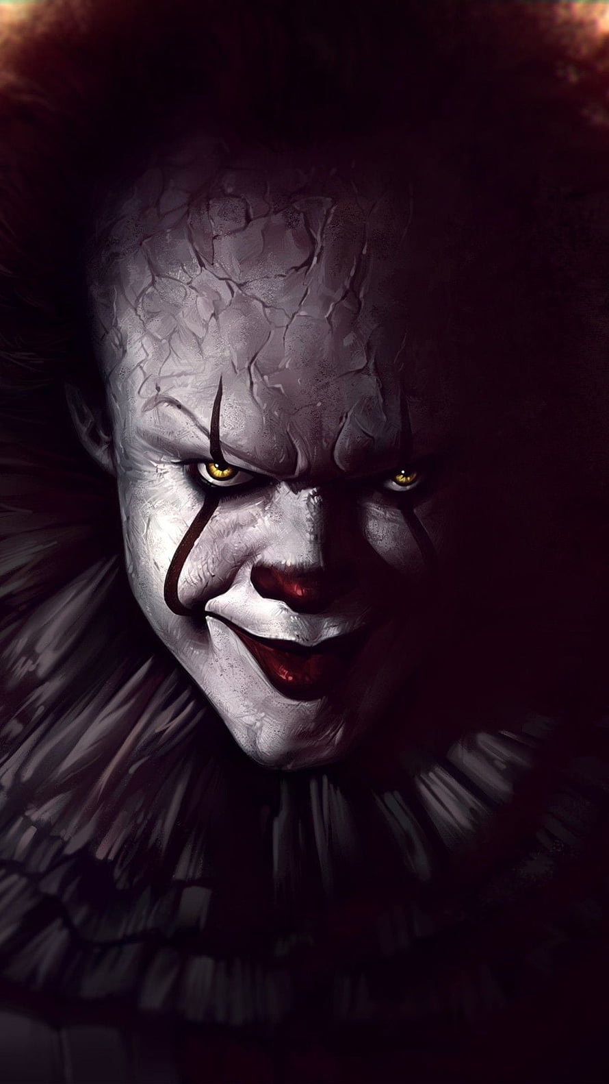 Evil Clown Face with Cracked White Makeup and Glowing Yellow Eyes in Dark Horror Art HD phone wallpaper