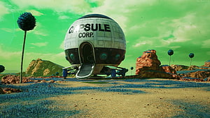 Capsule Corp Spaceship Landing on Alien Planet with Green Sky and Blue Grass HD wallpaper
