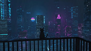 Silhouette of a cat sitting on a balcony overlooking a rainy neon cyberpunk cityscape with skyscrapers HD wallpaper