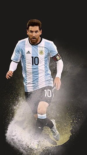 Lionel Messi in Argentina National Team Kit Running Through Dust HD phone wallpaper