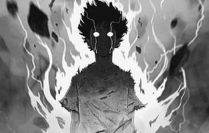Dark Anime Character with Glowing Eyes and Crackling Energy in Black and White Manga Style HD wallpaper