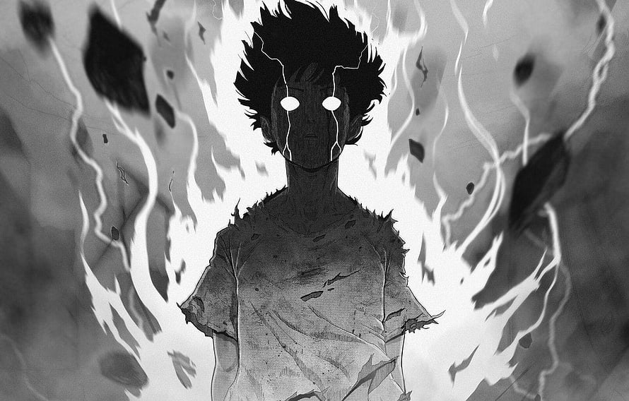 Dark Anime Character with Glowing Eyes and Crackling Energy in Black and White Manga Style HD wallpaper