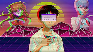 Neon Aesthetic Anime Wallpaper with Retro Grid and Glitch Art Characters HD wallpaper