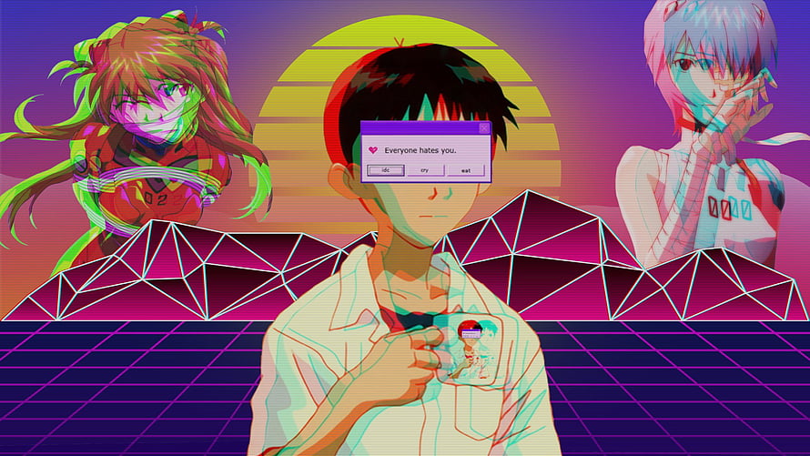 Neon Aesthetic Anime Wallpaper with Retro Grid and Glitch Art Characters HD wallpaper